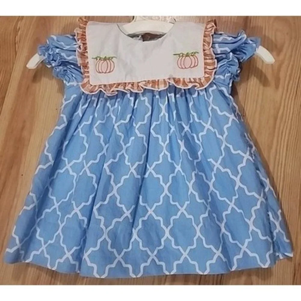 Adorable Babeeni 6 Month, cotton Blue, White Dress, W/embroidered Pumpkins, Fall